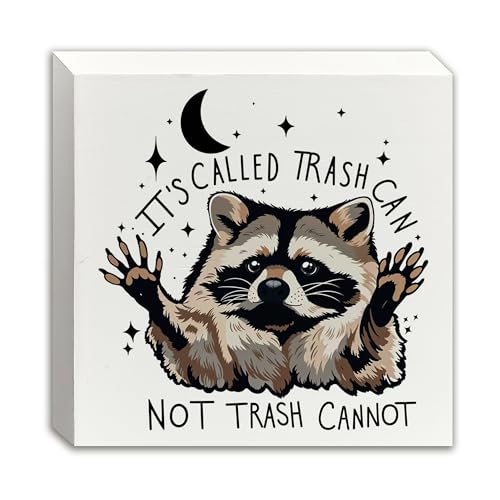 XUNLURY Funny Sarcastic Raccoon Wooden Box Sign, Funny Office Gifts for Coworkers Women Men, It's Called Trash Can Inspirational Trash Panda Wood Block Sign for Office Desk Shelf Table Decor, 5x5 Inch