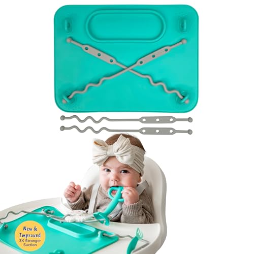 Image of BUSY BABY Silicone Mat - NEW and Improved Suction Cups, 4 Straps to Secure Baby Essentials, Self Feeding, Baby Led Weaning, Travel Sleeve Included (Spearmint)