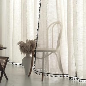 VOILYBIRD Natural Linen Blended Farmhouse Curtains 63 Inches Long Boho Curtains Drapes Country Style for Bedroom W40 x L63 Black Tassel