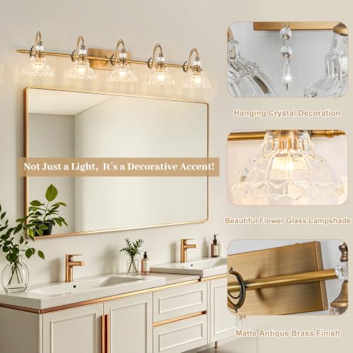 Image of Vintage Bathroom Vanity Light, 5-Light Matte Antique Brass Finish Wall Sconce with Hanging Crystal Accents and Flower-Shaped Clear Glass Shades, Retro Wall Mount Vanity Light Over Mirror for Bathroom