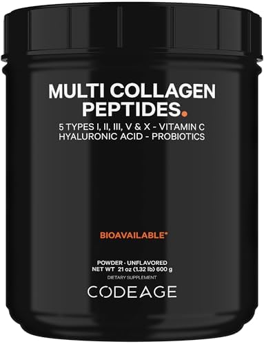 Codeage Multi Collagen Peptides + Probiotics Black Edition, Vitamin C, Hyaluronic Acid Powder Supplement, Grass-Fed, Pasture-Raised, Hydrolyzed, Zero Carbs, Type I, II, III, V & X, Unflavored, 21oz