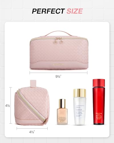 Image of BAGSMART Makeup Bag, Travel Cosmetic Bag Organizer, PU Leather Water-Resistant Pouch, Open Flat Makeup Storage for Toiletries, Brushes, PU Leather Pink
