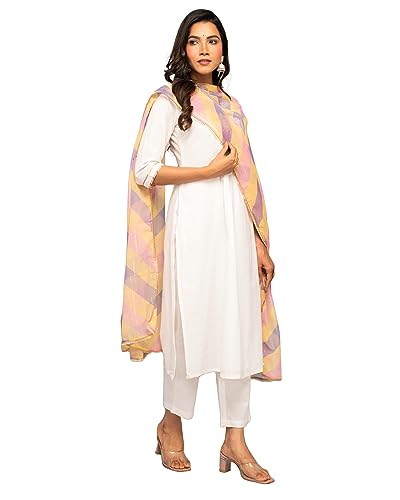 Image of FIORRA Women's White Cotton A-line Kurta with Pant and Dupatta