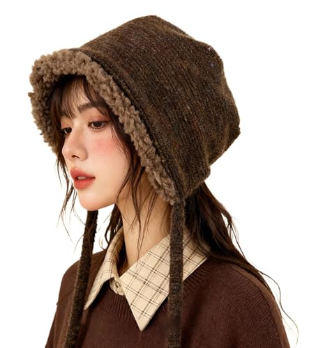 Women Winter Lambskin Hat with Ear Flaps Soft Fleece Crochet Skull Cap Warm Windproof Ear Cover Beanie for Cold Weather