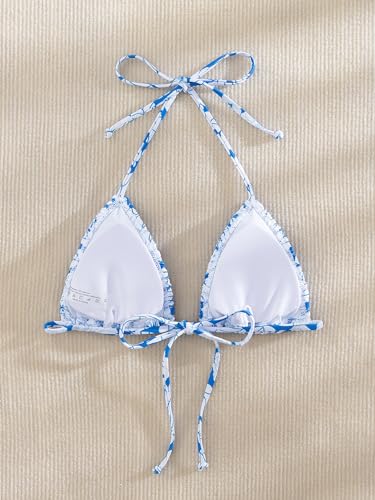 SHENHE Women's Triangle Halter Bikini Top Floral Tie Back Smocked Cute Swimsuit Top2
