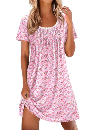 Ekouaer Camisón Mujer Verano Manga Corta Camisón Suelto y Cómodo para Dormir Vestido de Dormir Floral para Casa Rosa XXXL
