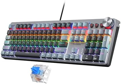Mechanical Gaming Keyboard, RGB Backlit 104 Keys Full Size Keyboard with Multimedia Knob, Double Shot Keycaps, Full Anti-Ghosting, Blue Switch Wired Computer Keyboard for Windows PC Mac Xbox Gamer