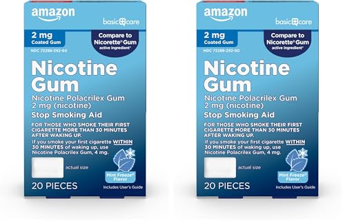 Image of Amazon Basic Care Coated Nicotine Polacrilex Gum, 2 mg, Ice Mint Flavor, Stop Smoking Aid, Reduces Cravings, Smoking Cessation, 20 Count (Pack of 2)