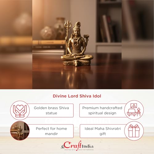 Image of eCraftIndia Golden Brass Lord Shiva Statue with Trishul Damru | Lord Shiva Idol for Home Office Car Dashboard | Shiv Murti | Shiv Idol Gift for Diwali Housewarming Maha Shivratri Birthday