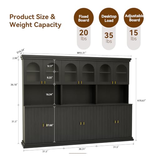 Image of ivaniti 71 inch Farmhouse Kitchen Pantry Cabinet Set of 3 with Arched Glass Doors, Black Freestanding Coffee Bar Hutch with Microwave Stand and Adjustable Shelves for Kitchen