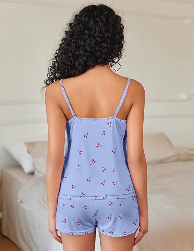 Image of Ekouaer Pajama Sets for Women Cute Printed Lace Cami Pj Shorts Set | Summer 2 Piece Sleepwear, Lightweight Lingerie Nightwear, Soft Loungewear, Adjustable Straps, V-neck