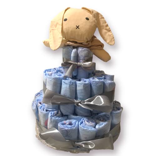 Tarta de Pañales XL Personalizada con 60 pañales Chelino talla 2 (3-6kg) y Peluche DouDou con cuerpo de gasa personalizado con nombre, regalo ideal para bebé