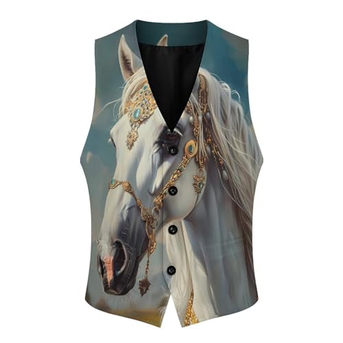 White Horse Wearing Gold Jewelry Novelty Men's Suit Vest Funny Formal Dress Vests Business Waistcoat3