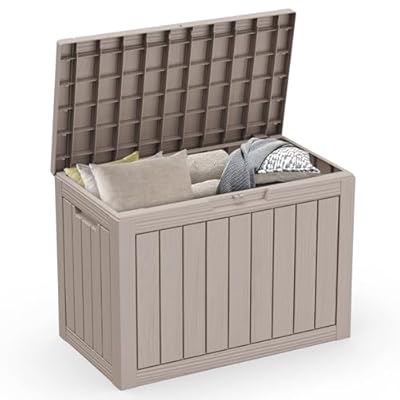 ROJIK Outdoor Storage Housing Deck Box - Waterproof Patio Furniture, Garden Tools, Cushions, Pool Accessories Storage Bench with Lockable Lid and Side Handles (Cappuccino, 45 Gal)
