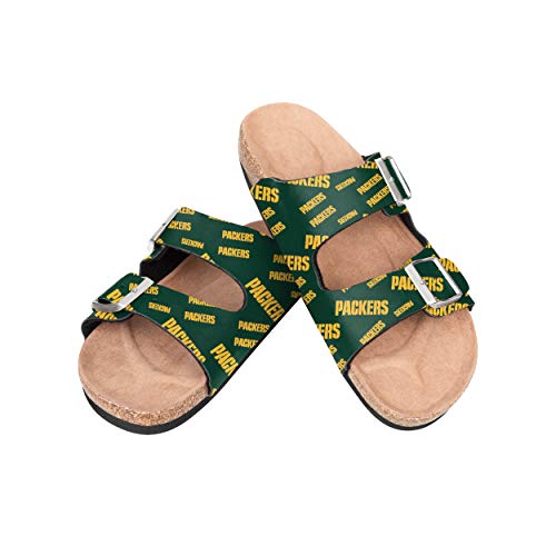 NFL Green Bay Packers Women s Mini Print Wordmark Adjustable Double Buckle Straps Sandals, Team Color, Medium (7-8)