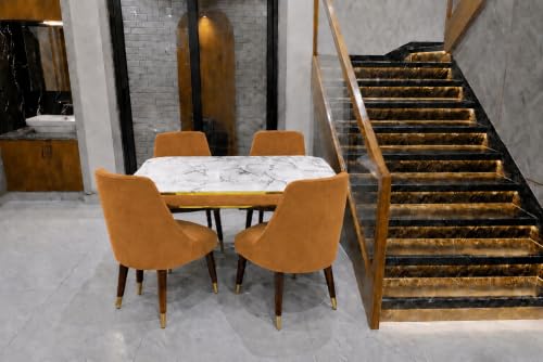 Image of WOODEN SPACE 4 Seater Wooden Dining Table Set | Urban Marble Top Dining Table with Chairs for Dining Room & Kitchen (Modern Frontline Mustard) (54 x 36 x 30 inch)