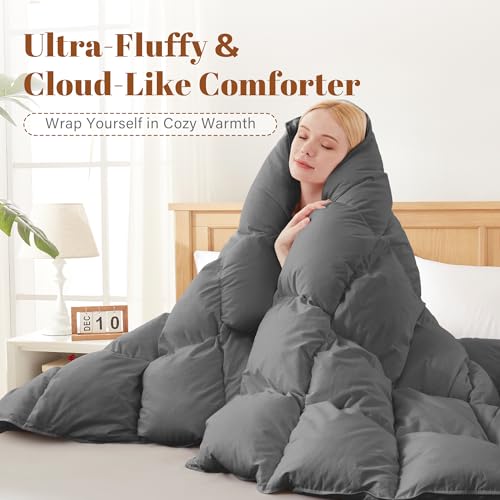 Image of Feather and Down Fiber Comforter Insert King, 100% Cotton Cover | Medium Warmth Grey Duvet Insert, Fluffy Soft Hotel Luxury Bedding for Bedroom, 106 x 90 Inches