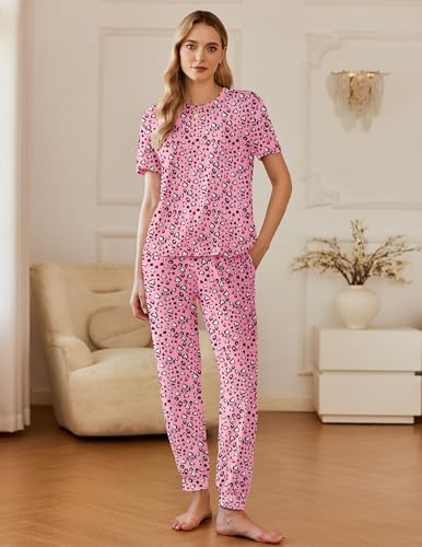 Image of Ekouaer Pajamas for Women Set 2 Pack Lounge Set Short Sleeve Pjs Joggers Long Pants Loungepwear with Pockets