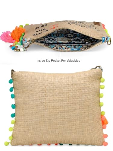 Image of The House of tara Casual Jute Purse For Women | Small Crossbody Sling Bag with Tassels, Zip Pocket & Removable Shoulder Strap | Printed Aesthetic Foldable Ladies Purse Handbag