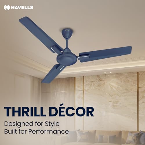 Image of Havells 1200mm Thrill Decor Energy Saving Ceiling Fan| High Speed, High Air Delivery| Strong & Powerful Motor| Air Delivery: 220 m /min| Speed: 370 RPM| 2 Year Warranty |(Pack of 1, Matt Blue)