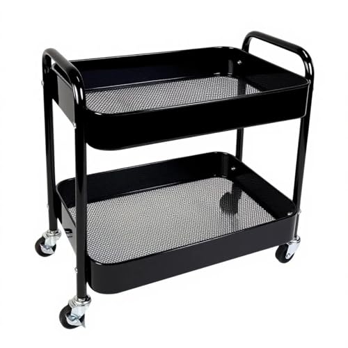 LIWNYRK 2 Tier Short Rolling Cart with Wheels for Under Desk Storage & Panrty Floor Organizer Large Capacity Metal Kitchen Utility Cart Sturdy Makeup Organizer for Small Space with 4 Hooks Black