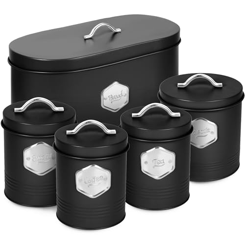 HEFTMAN Black Kitchen Canister Set - Stylish 5 Piece Kitchen Storage Canisters for Bread, Biscuits - Sugar Coffee Tea Storage Set with Airtight Lids, Labelled Containers (5 PCS) - Cosy Home Interiors HEFTMAN Black Kitchen Canister Set - Stylish 5 Piece Kitchen Storage Canisters for Bread, Biscuits - Sugar Coffee Tea Storage Set with Airtight Lids, Labelled Containers (5 PCS)