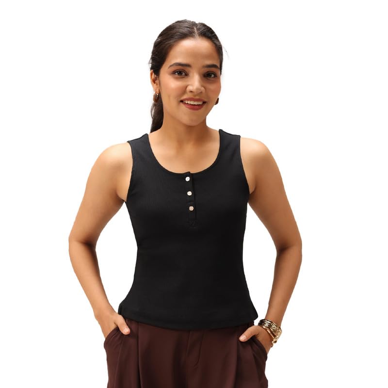 BlissClub Blissentials, canotta da donna Henley con scollo rotondo, con 3 bottoni, tessuto elasticizzato, vestibilità comoda, essenziale per tutti i giorni