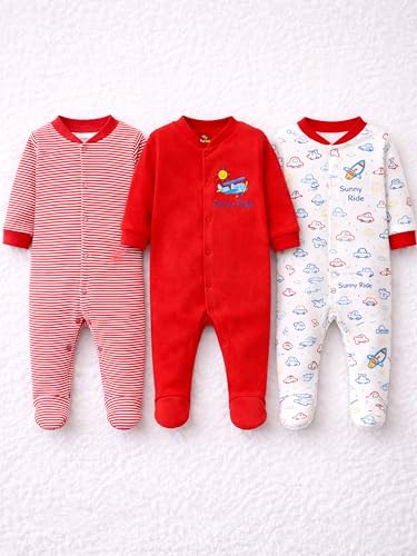 Image of Kidbee Baby Boys & Girls Full Sleeves Cotton Footed Romper Sleepsuit Pack of 3