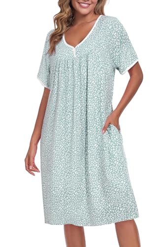 Image of AVIIER Nightgows for Women Soft Cotton Night Shirts Short Sleeve Sleepwear with Pockets