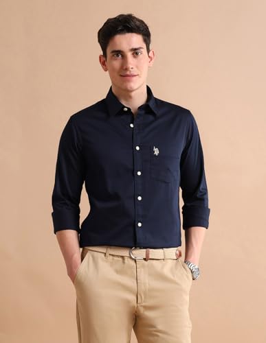 Image of U.S. Polo ASSN. Solid Tailored Fit Shirt for Men - 100% Cotton, Breathable & Comfortable, Full Sleeves Casual Shirt for Men
