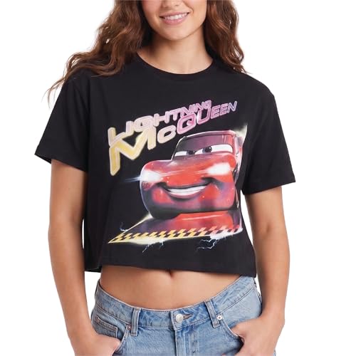 Image of Disney Lightning McQueen Mickey Mouse & Stitch Womens Retro Graphic Tees | Vibrant Disney Graphics, Breathable Fabric, Cropped Fit, Size Up for Ideal Fit