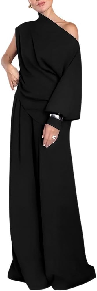CHICME Womens Elegant 2 Piece Outfits One Shoulder Lantern Sleeve Side Slit Top and Flowy Wide Leg Pants Set