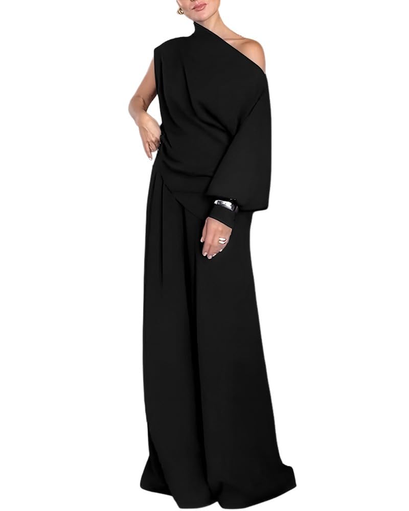 chicme Womens Elegant 2 Piece Outfits One Shoulder Lantern Sleeve Side Slit Top and Flowy Wide Leg Pants Set-picture-27