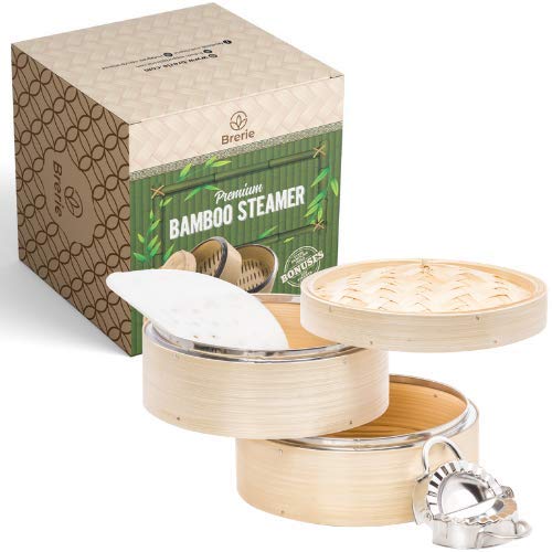 Two Tier Bamboo Steamer Gift Set - 10 Inch Bamboo Steamer Basket with Dish Lip - Dumpling Steamer with Extra Dumpling Mold - Asian Steam Basket for Cooking Bao Bun Dim Sum Chinese and Japanese Food