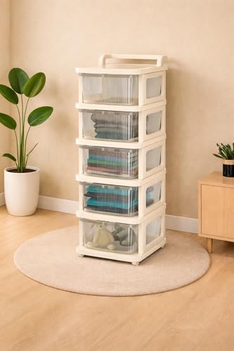 Image of KITCHIVO Heavy Duty Plastic Storage Drawer with Wheels | Modular Cabinet for Bedroom, Office, Home or Classroom| Chest of Drawers Organiser for Cosmetics, Kitchen items, Toys (White, 5)