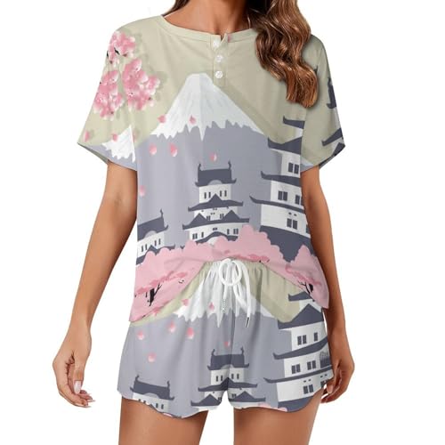 Pyjama femme manches courtes léger et respirant ensemble de nuit été Château Japonais