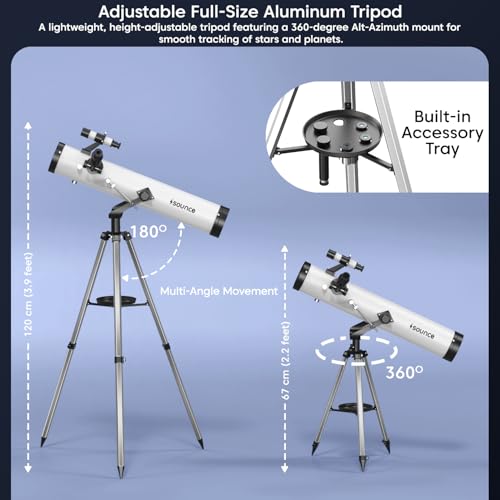 Image of Sounce Newtonian Reflector Telescope for Beginners and Professionals 76mm Lens 700mm Focal Length 28x-350x Ultra Zoom Fully Coated Glass Optics Alt-Az Mount for Moon Planets Deep Sky Viewing (Black)