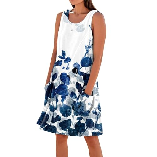 Generisch Leinenkleider Damen Sommer,Strandkleid Damen Leinen Kleider Knielang Casual Strandkleid Ärmellos Kleid Sommer Leinen Baumwolle Blumen...