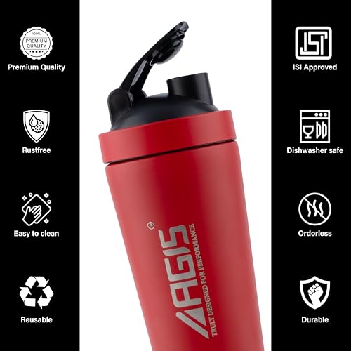 Image of AGIS Steel Shaker Stainless Steel 700ml Leakproof Shaker Bottle with Measurement Marking, Perfect for Fitness Enthusiast & Athletes, Ideal for Mixing Protein Shakes & Pre-Workout Formula (Red)