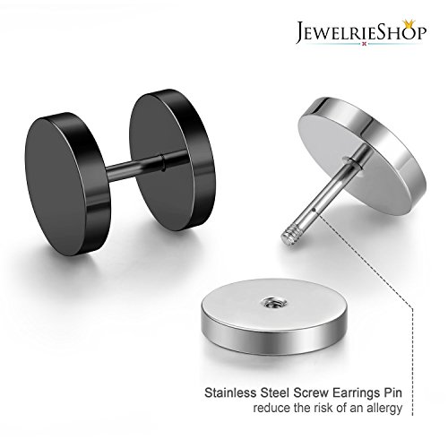 JewelrieShop Black Faux Gauges Plugs Earrings for Men Stainless Steel Dot Disc Studs Circle Flat Back Cheater Tunnel Dumbbell Earrings Women(18 Gauges,2 Pairs,3-14mm,Black and Silver)2