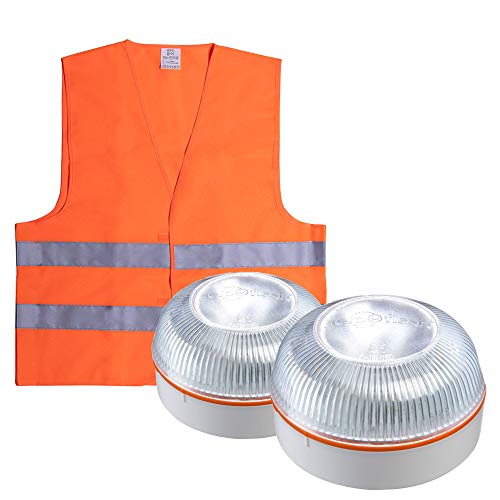 HELP FLASH PK2702 2X luz Emergencia AUTÓNOMA, señal preseñalización Peligro+Linterna, normativa DGT, V16, Base imantada, activación AUTOMÁTICA, y de Regalo, Chaleco Reflectante HOMOLOGADO