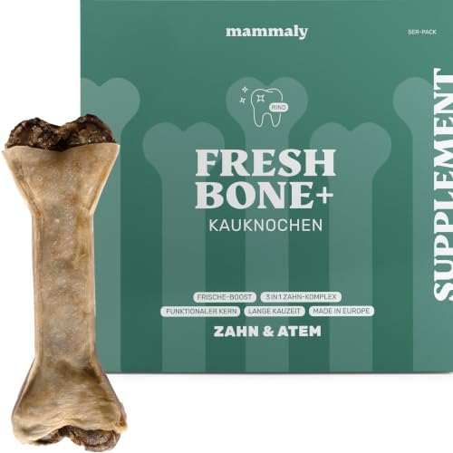 mammaly 5er BESTPREIS-Paket: Fresh Bone+® Zahnpflege-Kauknochen (12cm) | mit 5 Hundeknochen bei Zahnstein, Mundgeruch, Plaque - Dental-Kausnack - DLG zertifiziert - mit Tierärzten