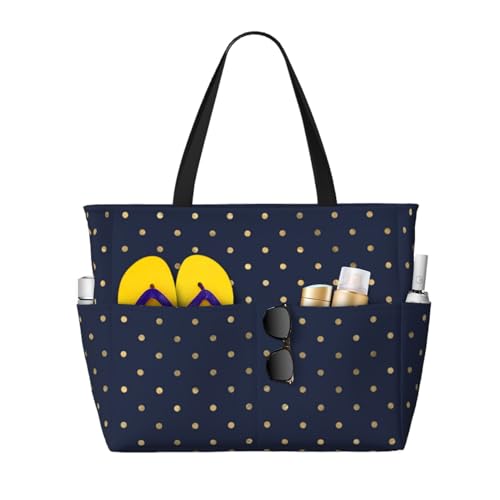 Grand sac de plage chic bleu à pois dorés idéal pour vos vacances