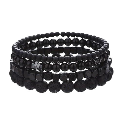 TREABEAR 4PCS Mens Beaded Bracelet, Armband Herren Schwarz, Perlenarmband, Bracelet Schwarzer Turmalin,Lavastein Armband, Schmuck Herren Armband Set für Täglichen Tragen Und Verschenken