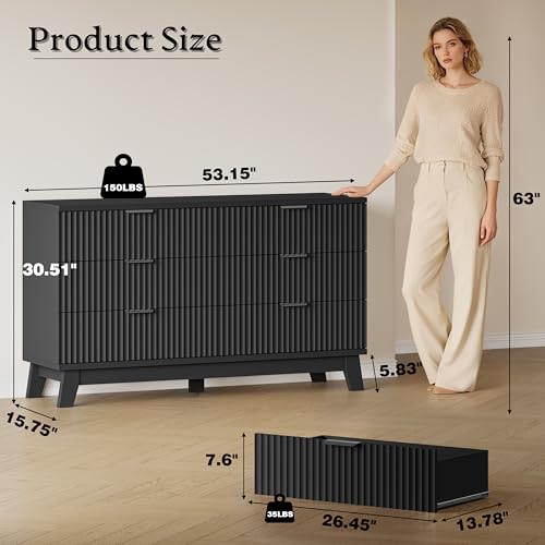 Image of BORNOON 53 inch Long Dresser for Bedroom, 6-Drawer Dresser with Fluted Fronts, Wide Wood Chest of Drawers, Smooth Metal Slides, Stable Base, Modern Clothes Storage Cabinet for Living Room, Hallway