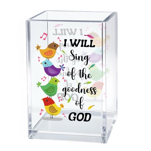 Image of I Will Sing Of The Goodness Of God Pen Holder Makeup Organizer, Funny Bird Christian Pencil Pen Holder for Desk, Musical Notes Desk Accessories Bible Verse Pencil Cup, Religious Gifts Organizer