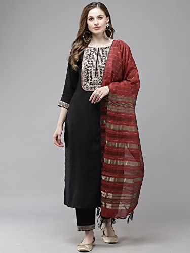 Image of INDO ERA Women's Cotton Blend; Organza & Rayon Kurta Palazzo With Dupatta Set