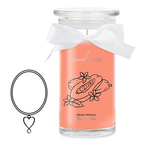 JewelCandle Monoi de Tahiti Collier Argent - Bougie Bijou - Grande Bougie Parfumée au Parfum Fleuri - Bougie blanche avec Bijou Surprise pour Elle