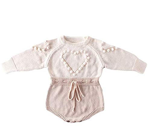 WALLARENEAR Newborn Baby Girl Sweater Romper Heart Long Sleeve Knitted Bodysuit Jumpsuit Fall Winter Clothes Valentine's Day Outfits (Apricot, 6-12 Months)