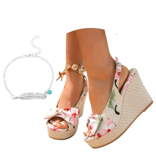 Sandales compensées de 10 cm à motif floral et nœuds romantiques pour l'été